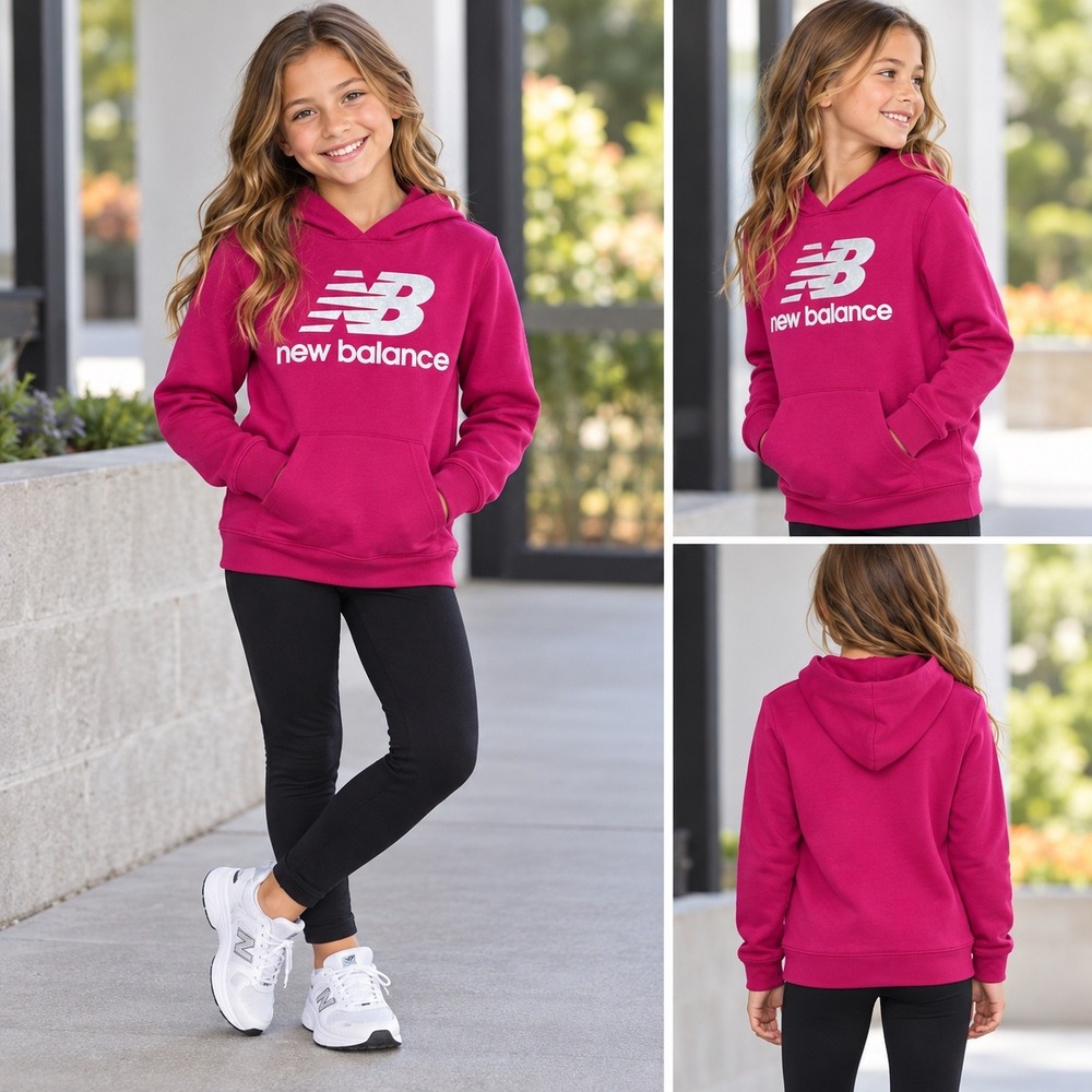 New Balance Kids Cosmic Orchid Pink Silver Foil Logo Hoodie M 10/12 LAK23Q06COO